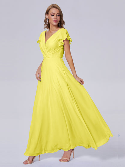 Genevieve V Neck Chiffon Long Bridesmaid Dresses with Sleeves