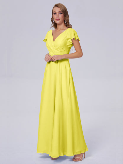 Genevieve V Neck Chiffon Long Bridesmaid Dresses with Sleeves
