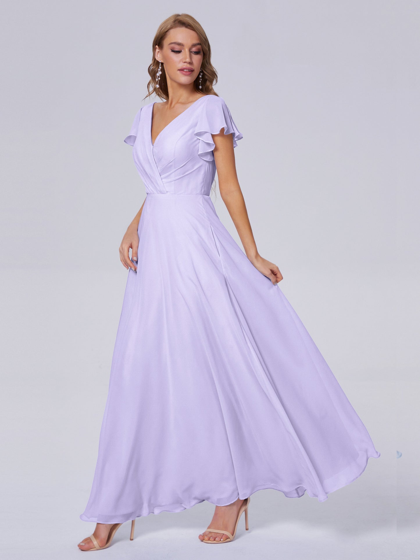 Genevieve V Neck Chiffon Long Bridesmaid Dresses with Sleeves