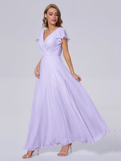 Genevieve V Neck Chiffon Long Bridesmaid Dresses with Sleeves