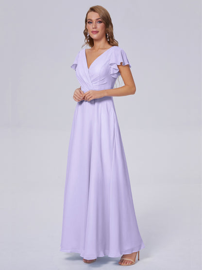 Genevieve V Neck Chiffon Long Bridesmaid Dresses with Sleeves