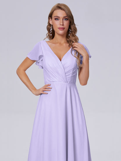Genevieve V Neck Chiffon Long Bridesmaid Dresses with Sleeves