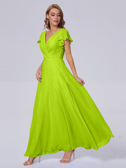 Genevieve V Neck Chiffon Long Bridesmaid Dresses with Sleeves