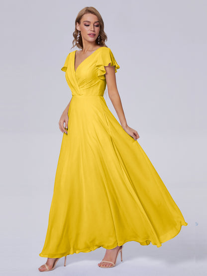 Genevieve V Neck Chiffon Long Bridesmaid Dresses with Sleeves