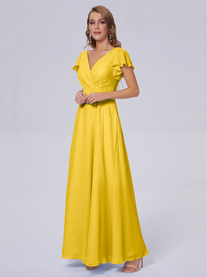 Genevieve V Neck Chiffon Long Bridesmaid Dresses with Sleeves