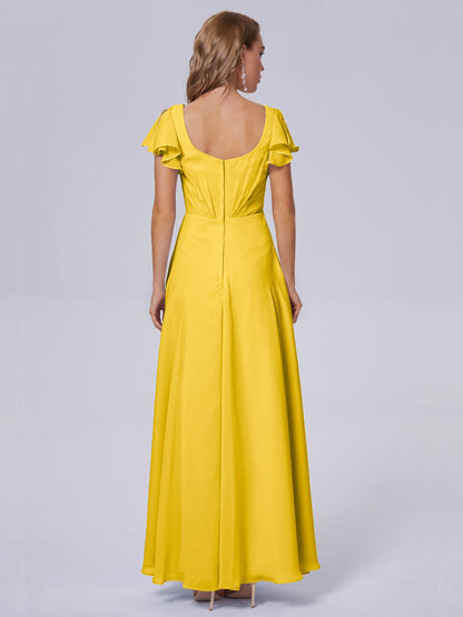 Genevieve V Neck Chiffon Long Bridesmaid Dresses with Sleeves