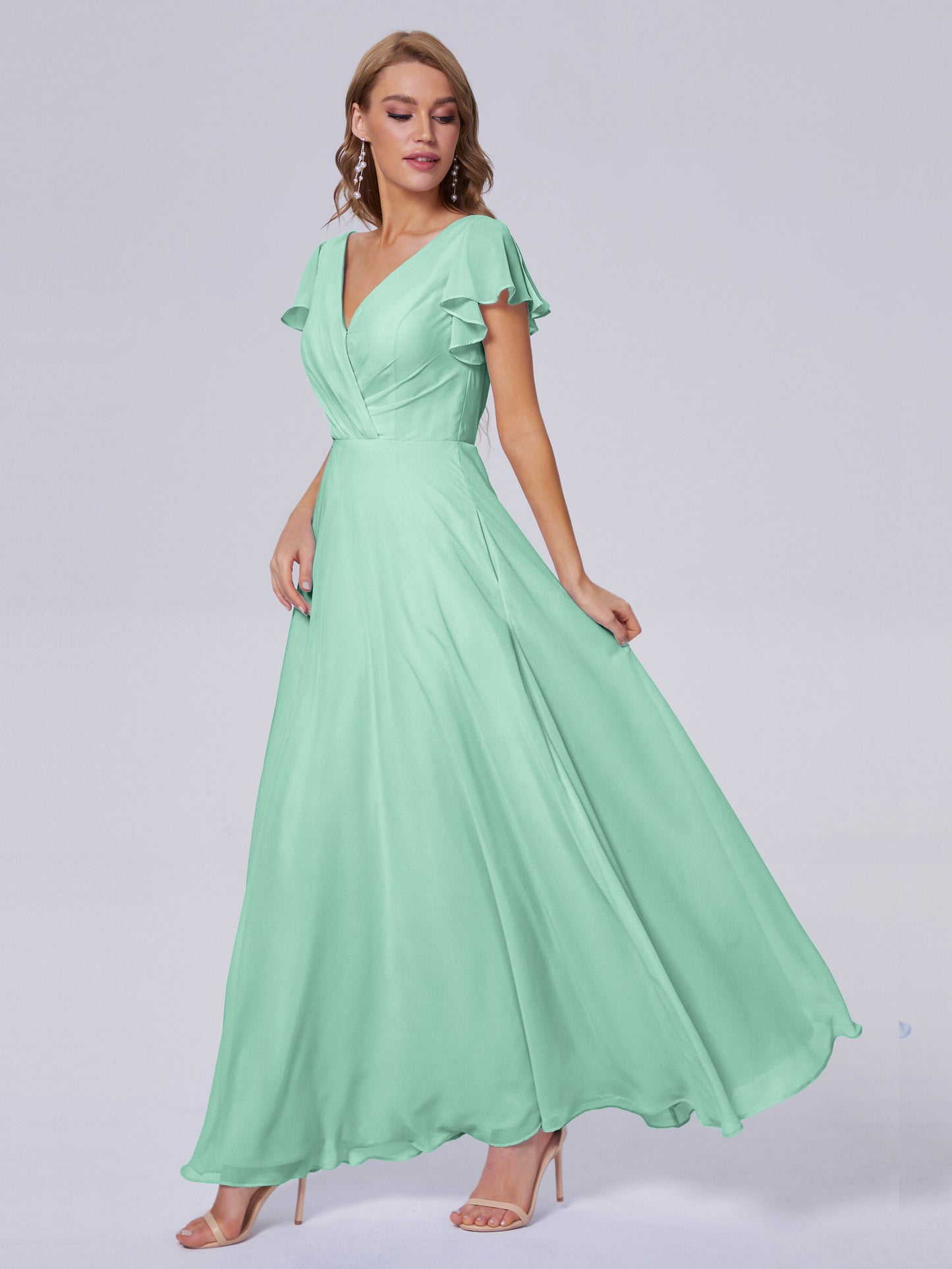 Genevieve V Neck Chiffon Long Bridesmaid Dresses with Sleeves