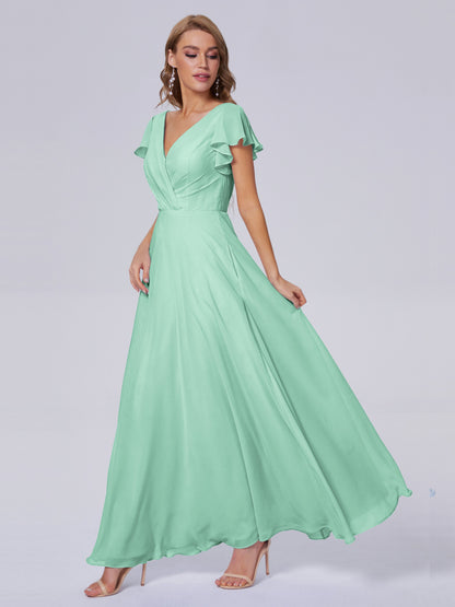 Genevieve V Neck Chiffon Long Bridesmaid Dresses with Sleeves