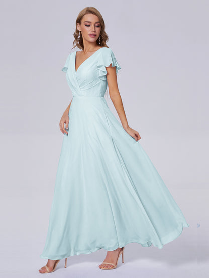 Genevieve V Neck Chiffon Long Bridesmaid Dresses with Sleeves