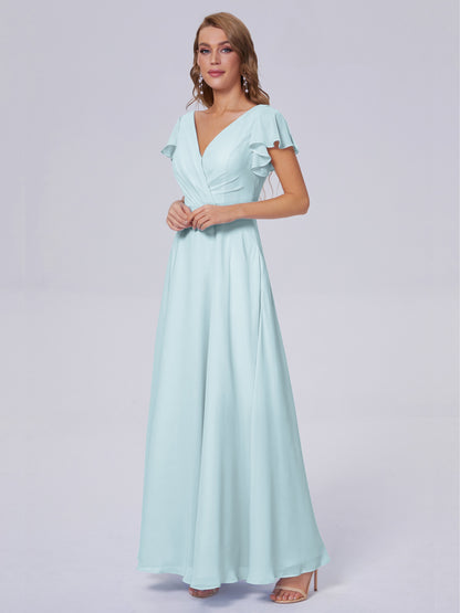Genevieve V Neck Chiffon Long Bridesmaid Dresses with Sleeves