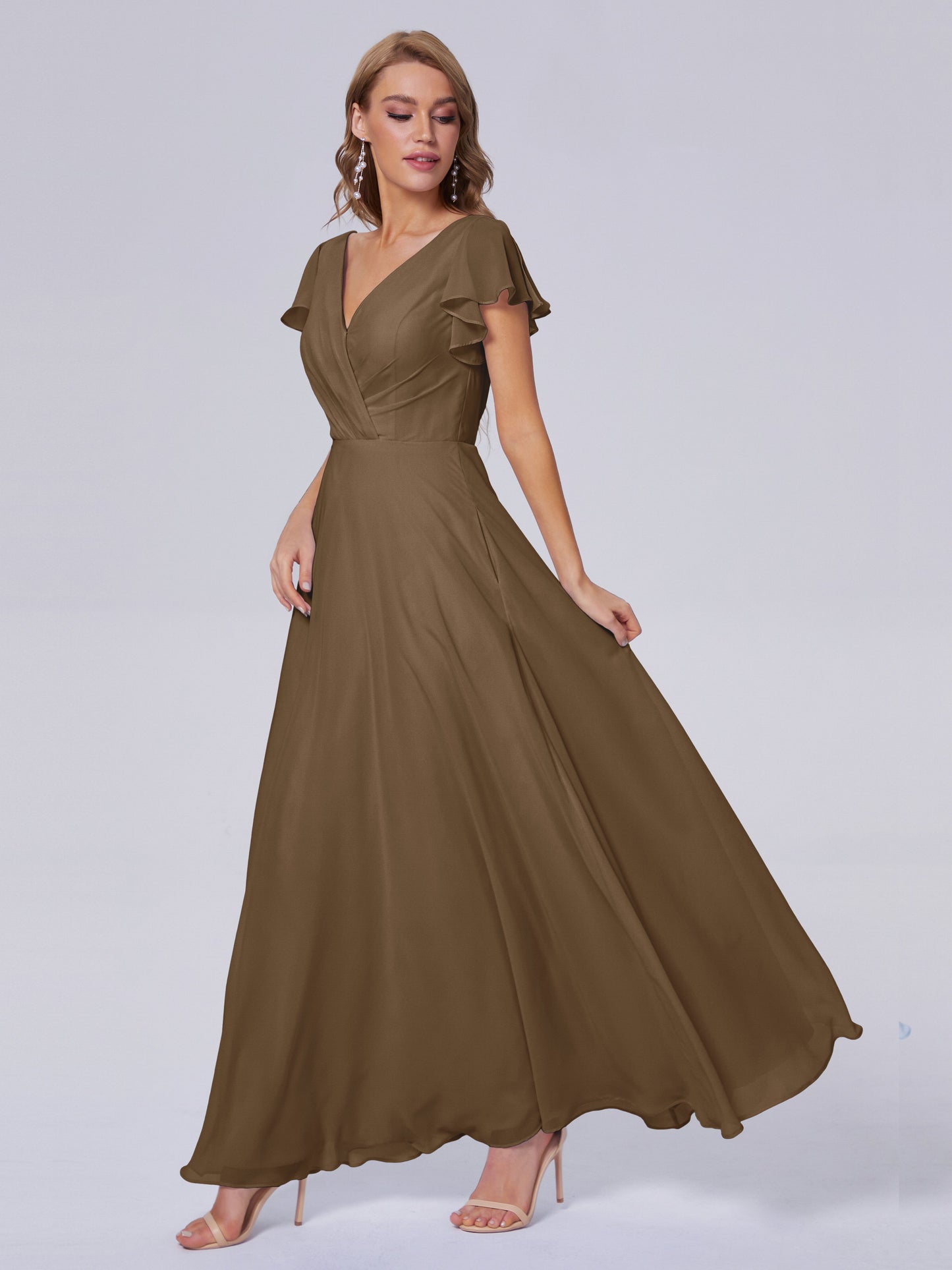 Genevieve V Neck Chiffon Long Bridesmaid Dresses with Sleeves