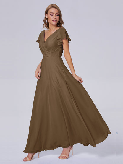 Genevieve V Neck Chiffon Long Bridesmaid Dresses with Sleeves