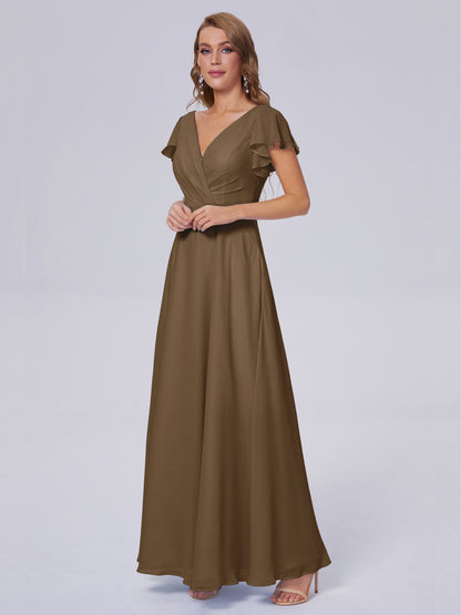 Genevieve V Neck Chiffon Long Bridesmaid Dresses with Sleeves