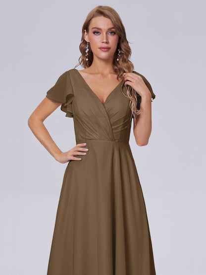 Genevieve V Neck Chiffon Long Bridesmaid Dresses with Sleeves