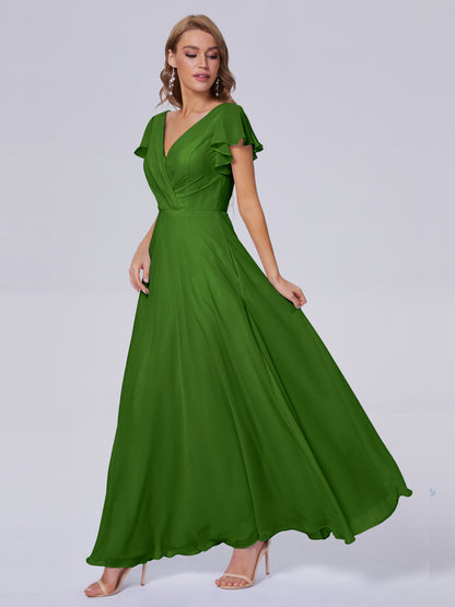 Genevieve V Neck Chiffon Long Bridesmaid Dresses with Sleeves
