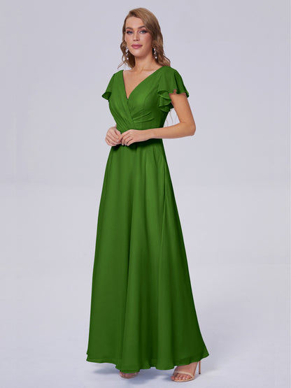 Genevieve V Neck Chiffon Long Bridesmaid Dresses with Sleeves