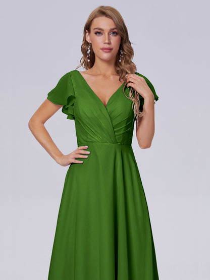 Genevieve V Neck Chiffon Long Bridesmaid Dresses with Sleeves
