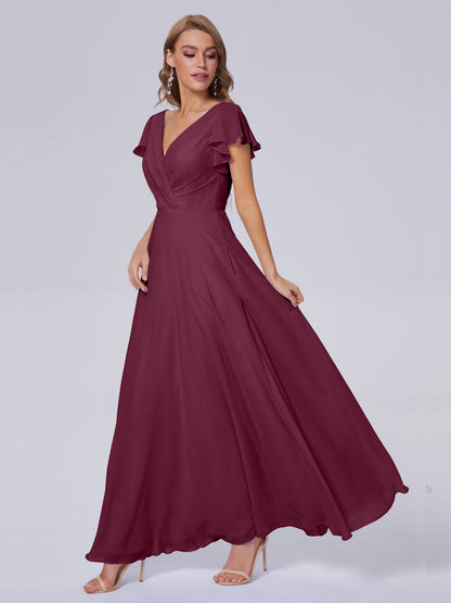 Genevieve V Neck Chiffon Long Bridesmaid Dresses with Sleeves