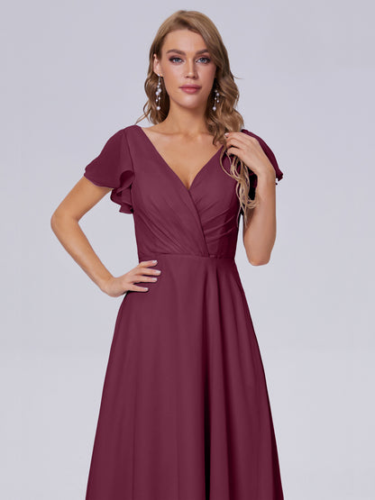 Genevieve V Neck Chiffon Long Bridesmaid Dresses with Sleeves