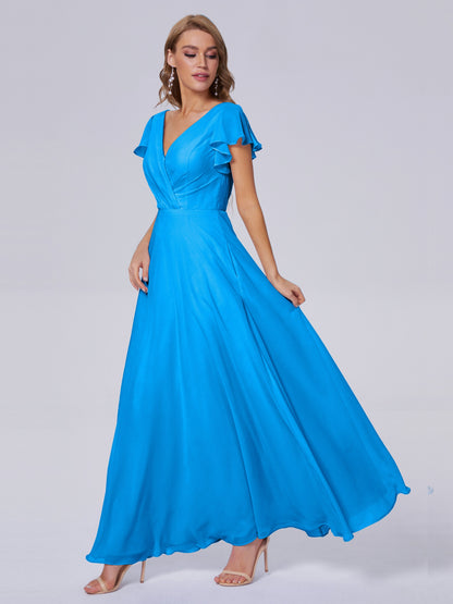 Genevieve V Neck Chiffon Long Bridesmaid Dresses with Sleeves