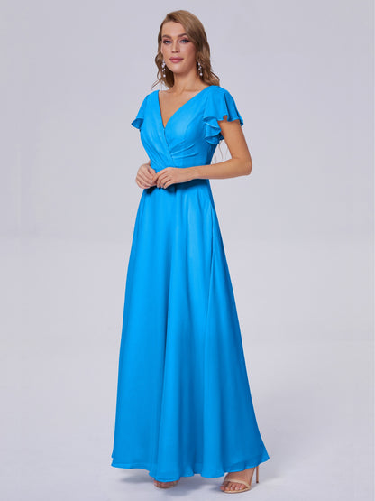 Genevieve V Neck Chiffon Long Bridesmaid Dresses with Sleeves