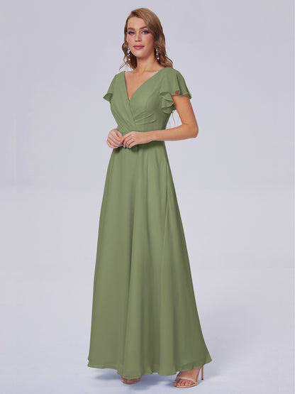 Genevieve V Neck Chiffon Long Bridesmaid Dresses with Sleeves