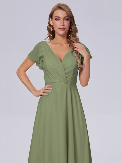 Genevieve V Neck Chiffon Long Bridesmaid Dresses with Sleeves