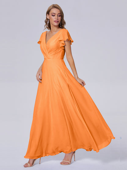 Genevieve V Neck Chiffon Long Bridesmaid Dresses with Sleeves