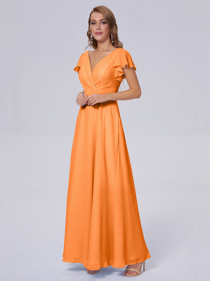 Genevieve V Neck Chiffon Long Bridesmaid Dresses with Sleeves