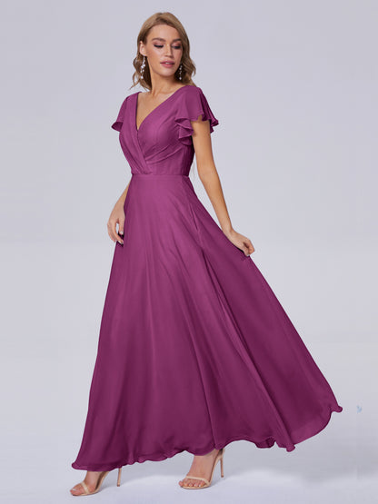 Genevieve V Neck Chiffon Long Bridesmaid Dresses with Sleeves