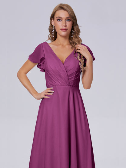 Genevieve V Neck Chiffon Long Bridesmaid Dresses with Sleeves