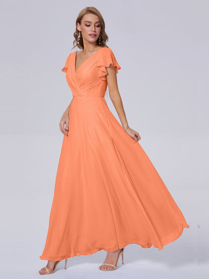 Genevieve V Neck Chiffon Long Bridesmaid Dresses with Sleeves