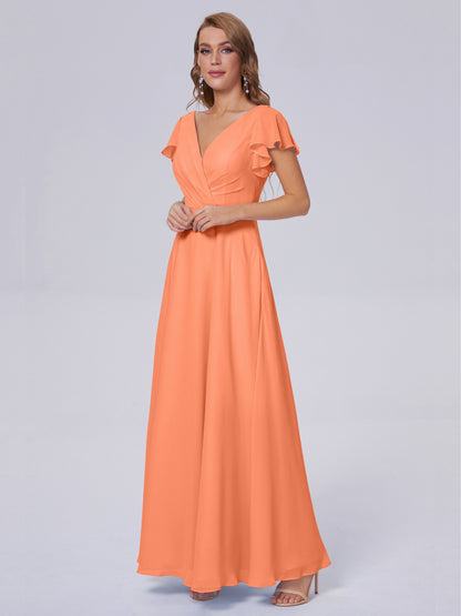 Genevieve V Neck Chiffon Long Bridesmaid Dresses with Sleeves