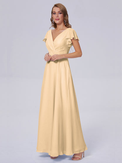 Genevieve V Neck Chiffon Long Bridesmaid Dresses with Sleeves