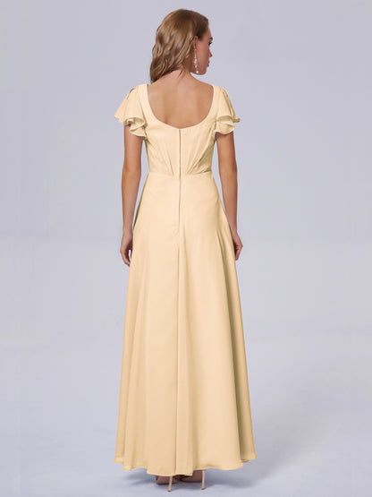 Genevieve V Neck Chiffon Long Bridesmaid Dresses with Sleeves
