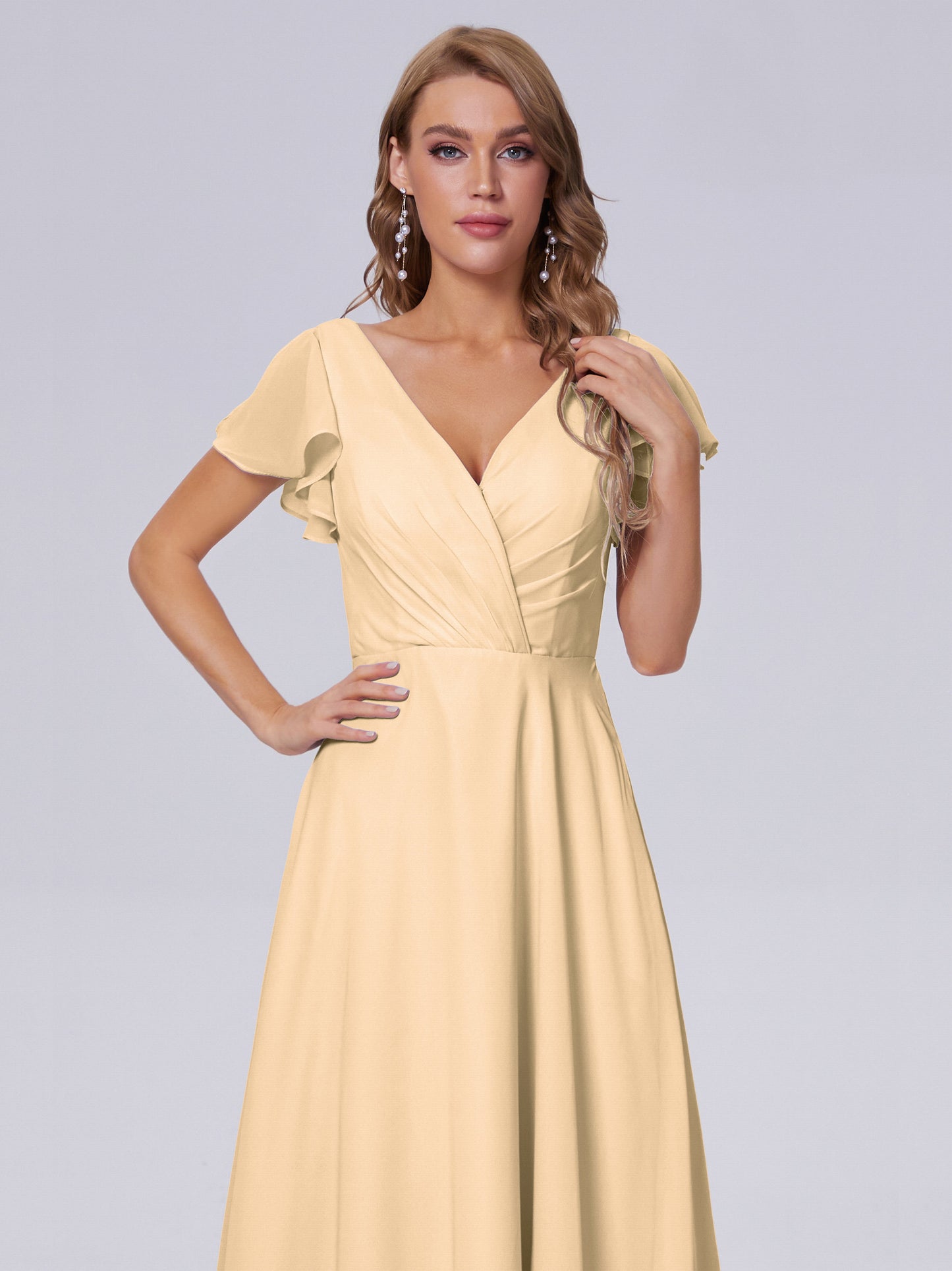 Genevieve V Neck Chiffon Long Bridesmaid Dresses with Sleeves