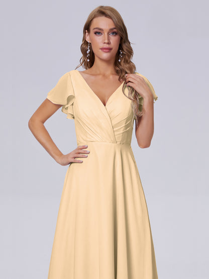 Genevieve V Neck Chiffon Long Bridesmaid Dresses with Sleeves