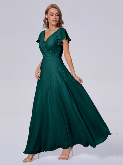 Genevieve V Neck Chiffon Long Bridesmaid Dresses with Sleeves