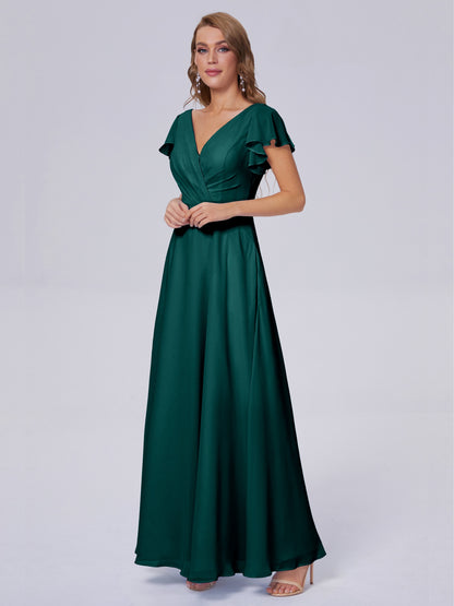 Genevieve V Neck Chiffon Long Bridesmaid Dresses with Sleeves