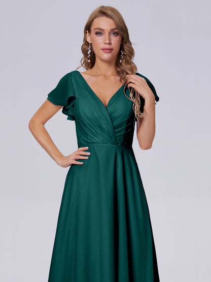 Genevieve V Neck Chiffon Long Bridesmaid Dresses with Sleeves