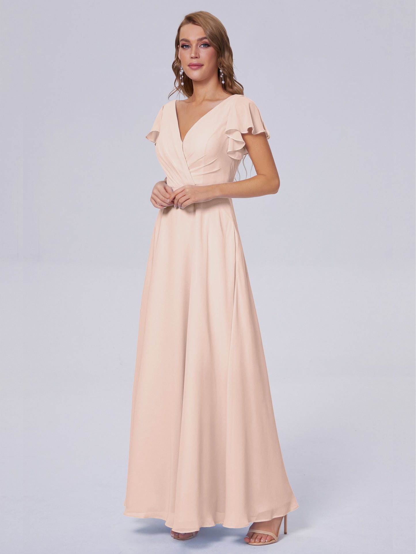 Genevieve V Neck Chiffon Long Bridesmaid Dresses with Sleeves