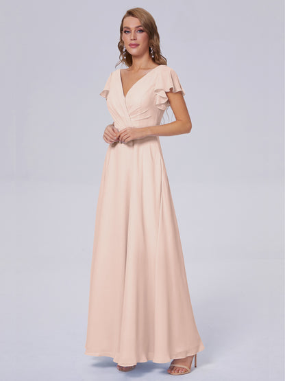 Genevieve V Neck Chiffon Long Bridesmaid Dresses with Sleeves