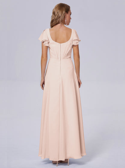 Genevieve V Neck Chiffon Long Bridesmaid Dresses with Sleeves