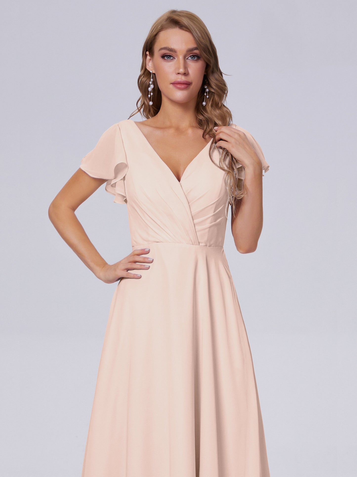 Genevieve V Neck Chiffon Long Bridesmaid Dresses with Sleeves