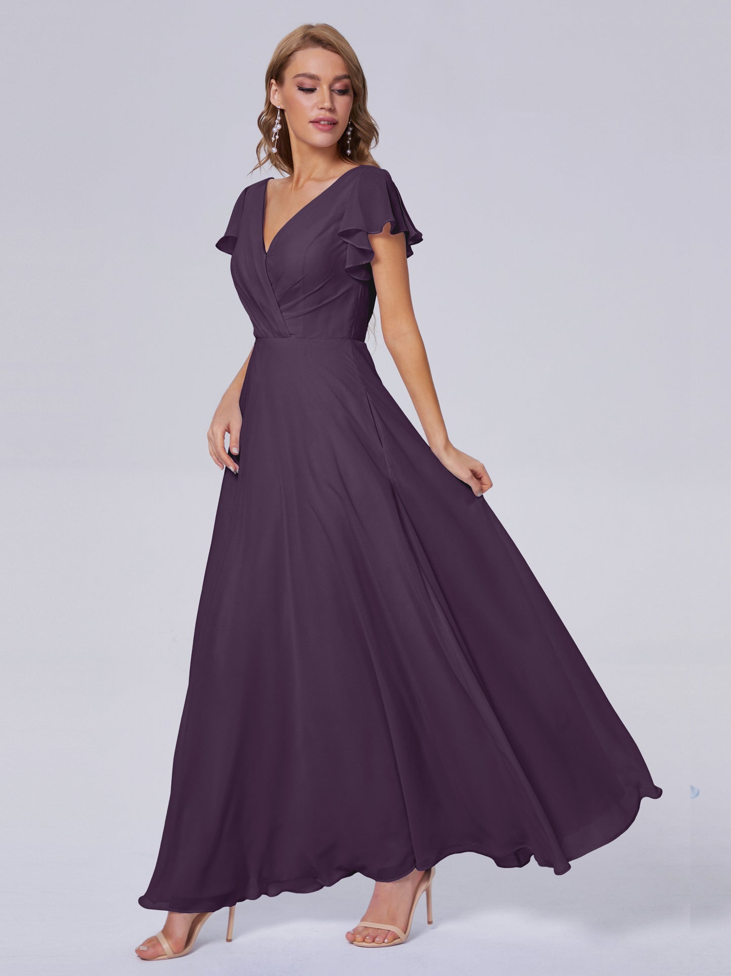 Genevieve V Neck Chiffon Long Bridesmaid Dresses with Sleeves