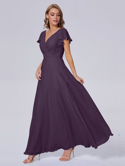 Genevieve V Neck Chiffon Long Bridesmaid Dresses with Sleeves