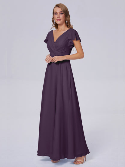 Genevieve V Neck Chiffon Long Bridesmaid Dresses with Sleeves