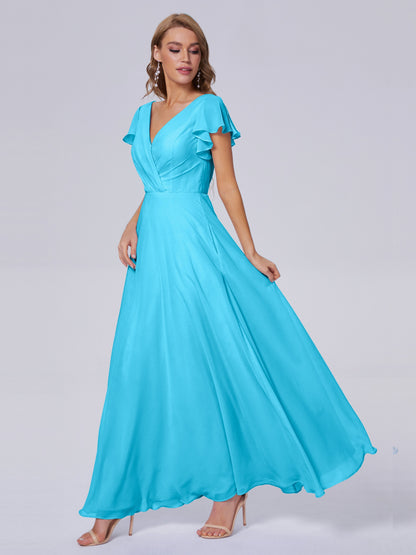 Genevieve V Neck Chiffon Long Bridesmaid Dresses with Sleeves