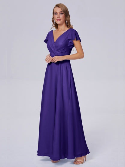 Genevieve V Neck Chiffon Long Bridesmaid Dresses with Sleeves