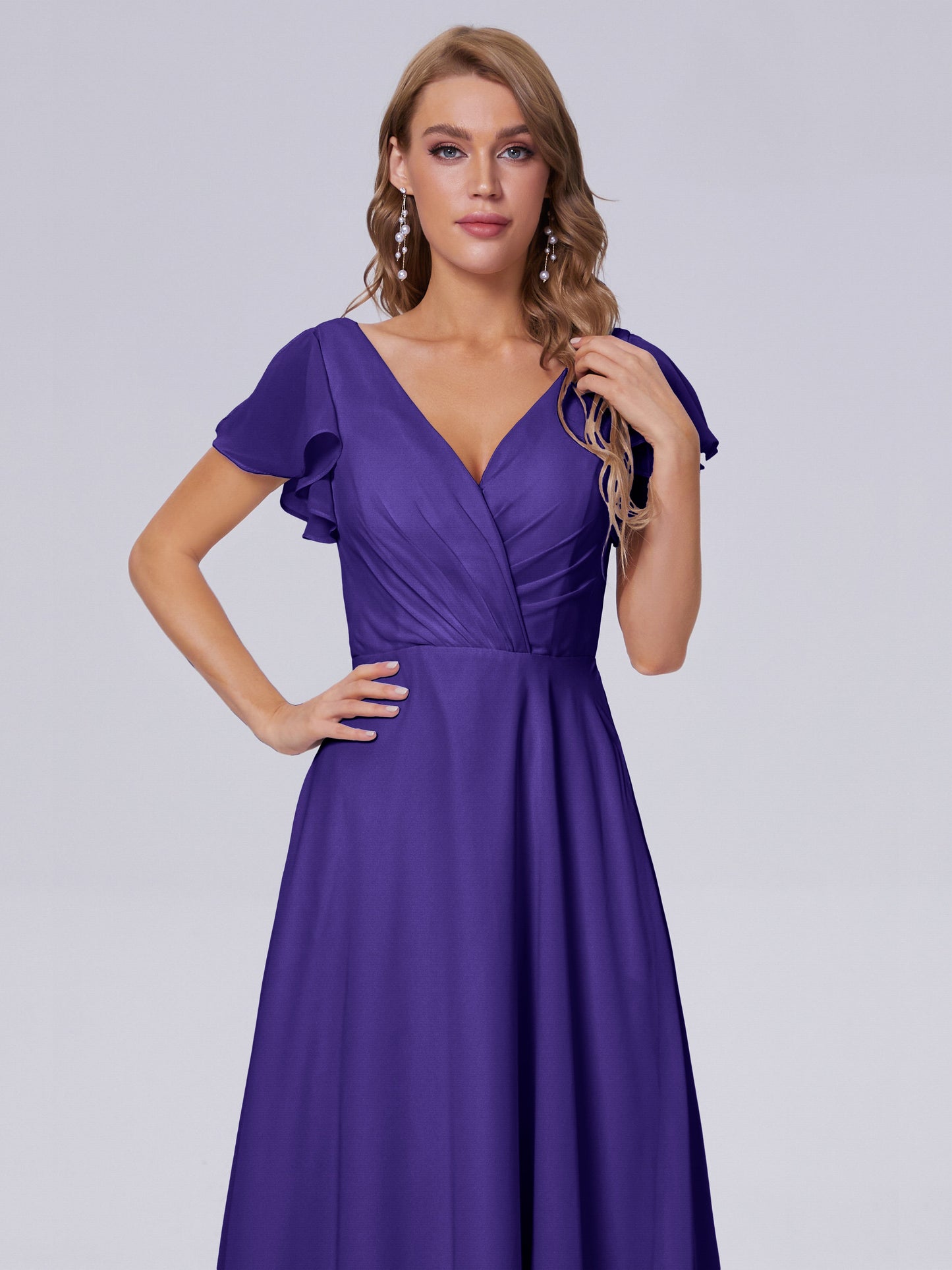 Genevieve V Neck Chiffon Long Bridesmaid Dresses with Sleeves